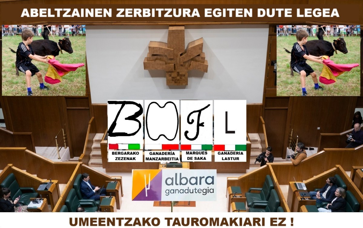irudian Eusko Legebiltzerreko areto nagusia agertzen da, baina mahia eta hizlariaren lekua ganadutegien ikurrek okupatzen dute. Pantailetan ume toreatzailearen argazkia agertzen da. Legea abeltzainen zerbitzura egiten dela esaten da eta umeentzako tauromakia legearen kontrako leloa agertzena.